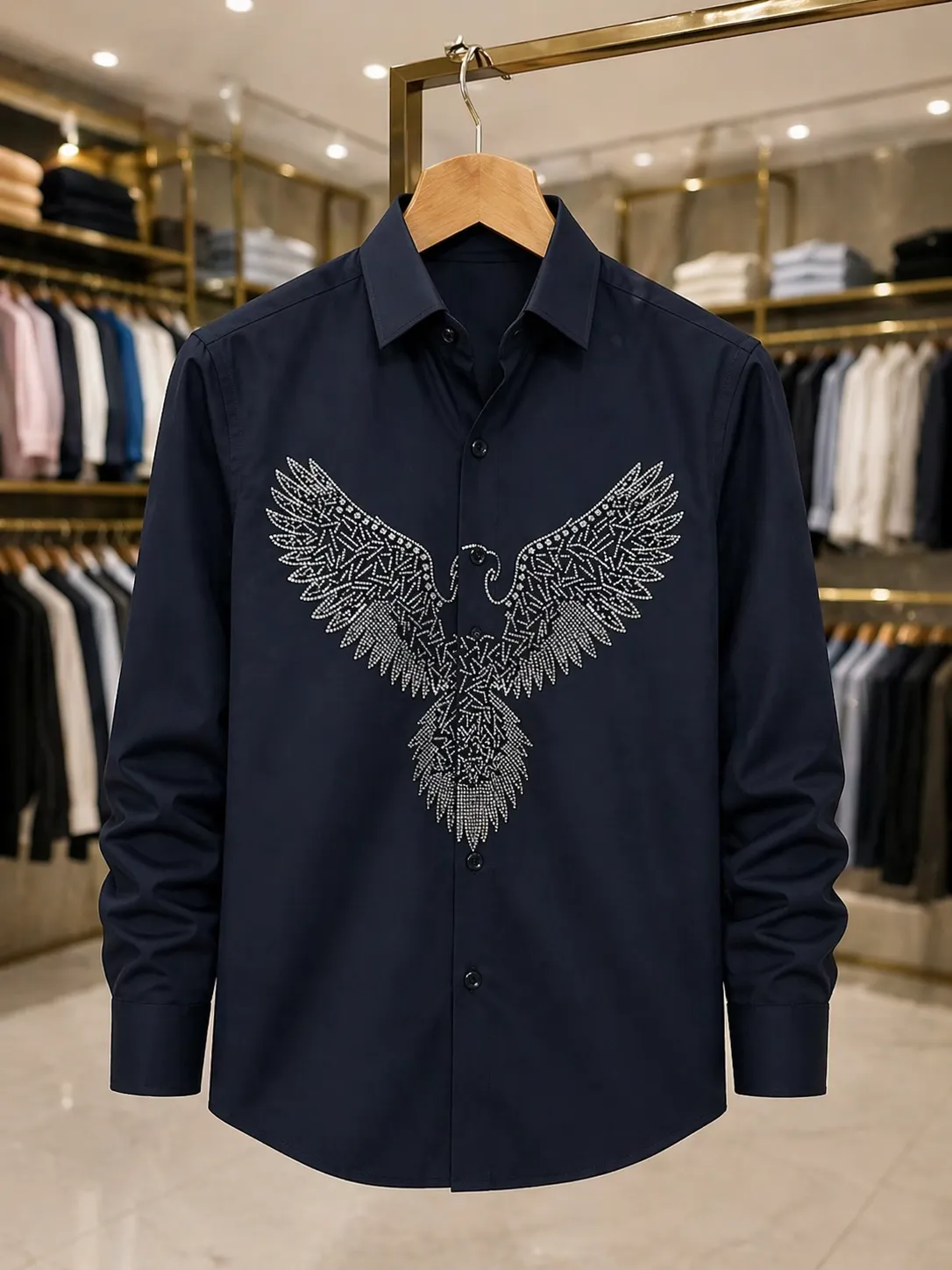 Men's Navy Rhinestone Eagle Embroidery Shirt